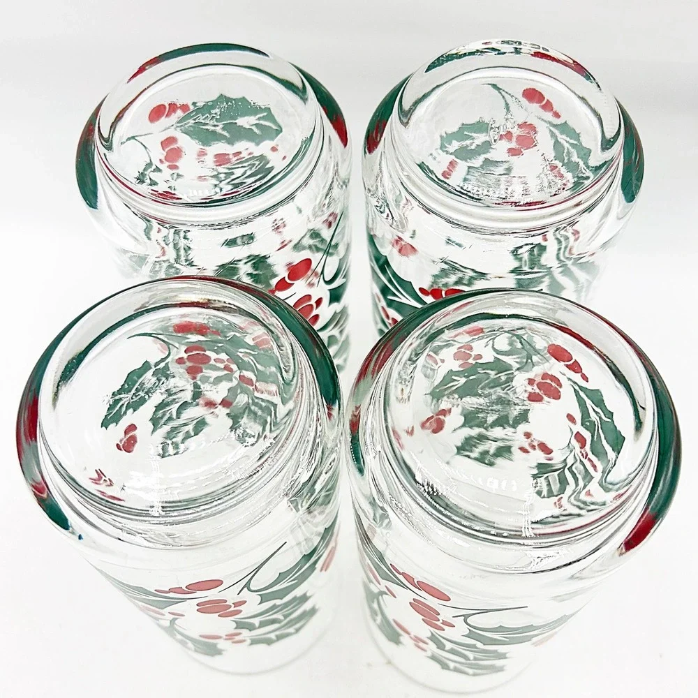 Libbey Christmas Holly Berry‎ Tumbler Glasses Set of 4 Clear Crisa